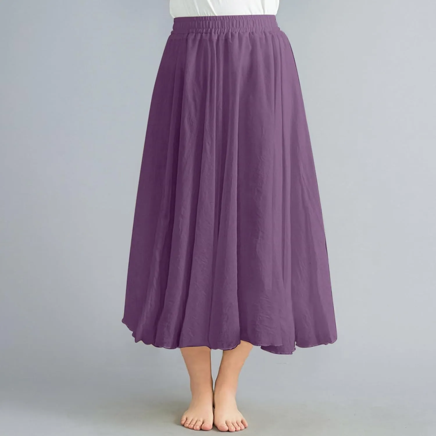 Womens Cotton Linen Skirts Summer Casual Loose Fit Plain Elastic High Waist Swing Flowy A Line Pleated Midi Skirt
