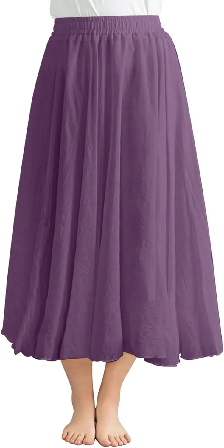 Womens Cotton Linen Skirts Summer Casual Loose Fit Plain Elastic High Waist Swing Flowy A Line Pleated Midi Skirt