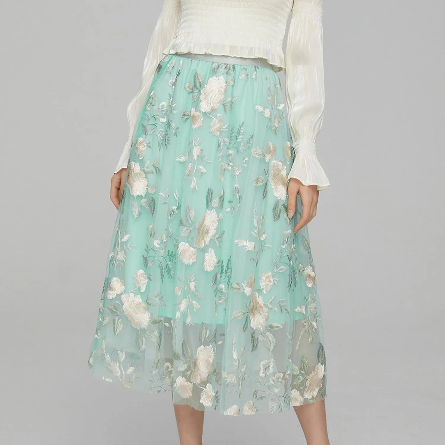 Womens Embroidery Tulle Midi Skirt - Elegant Elastic High Waist Casual A-Line Business Party Dance Fairy Skirt