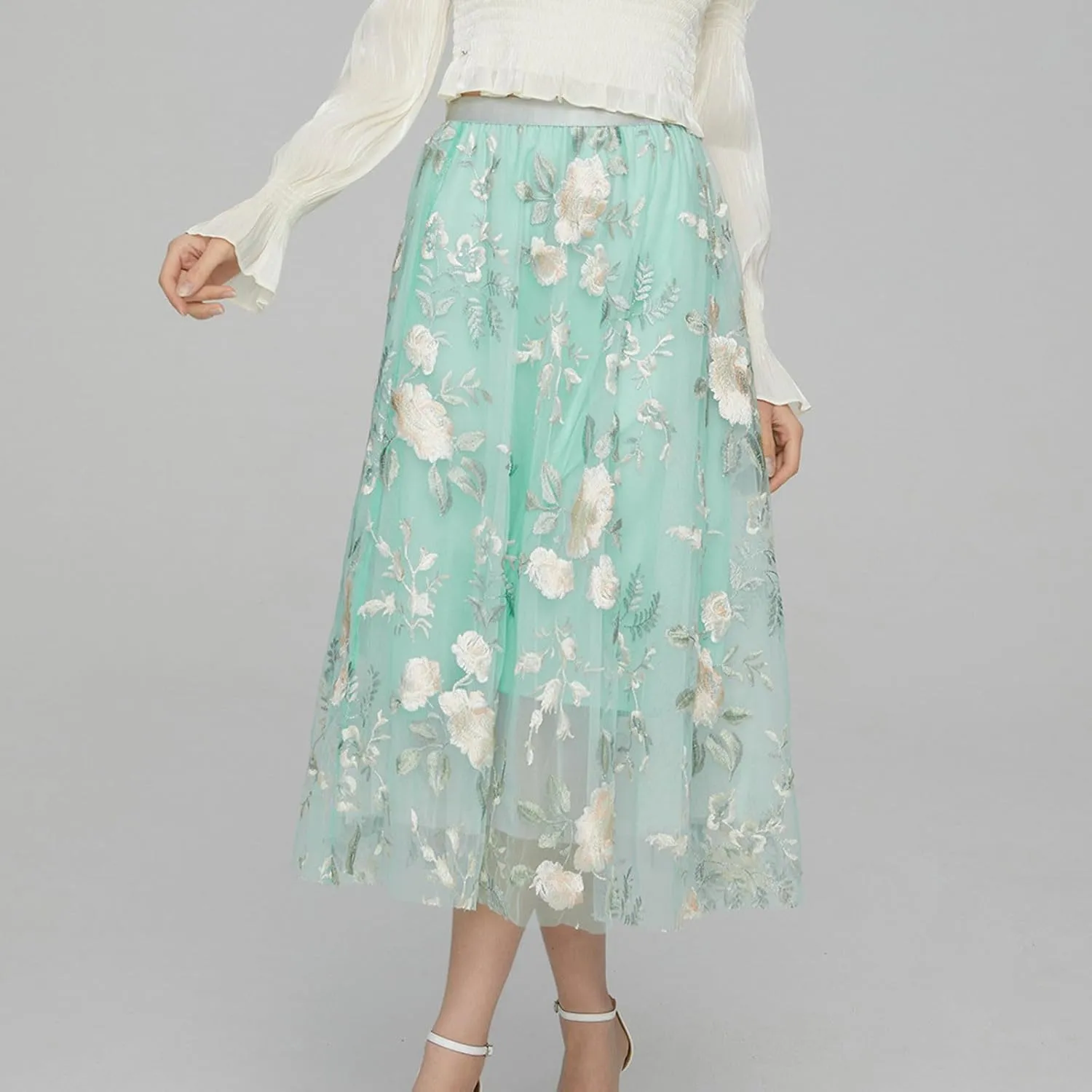 Womens Embroidery Tulle Midi Skirt - Elegant Elastic High Waist Casual A-Line Business Party Dance Fairy Skirt