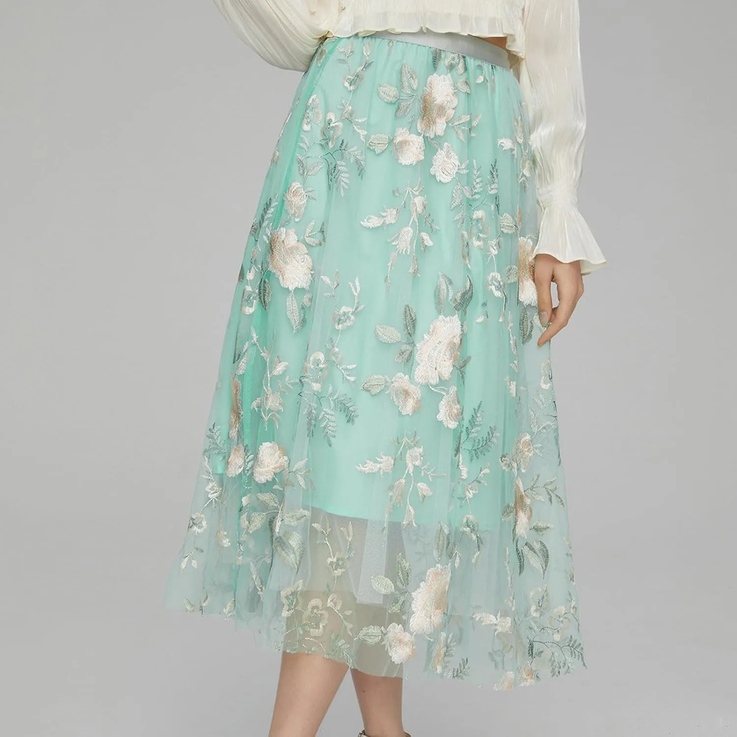 Womens Embroidery Tulle Midi Skirt - Elegant Elastic High Waist Casual A-Line Business Party Dance Fairy Skirt