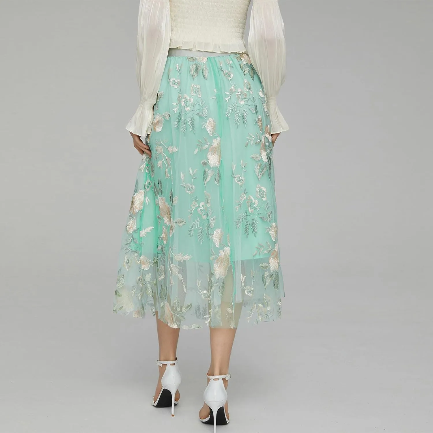 Womens Embroidery Tulle Midi Skirt - Elegant Elastic High Waist Casual A-Line Business Party Dance Fairy Skirt