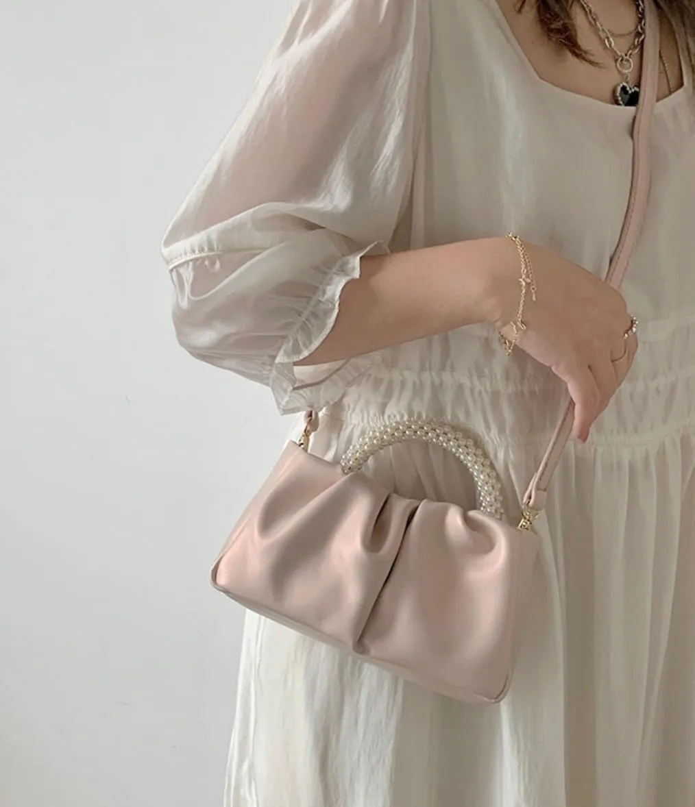 Womens Evening Clutch Pearl Purses Soft Leather Ruched Small Pearl Handbags Party Wedding Crossbody Shoulder Bags