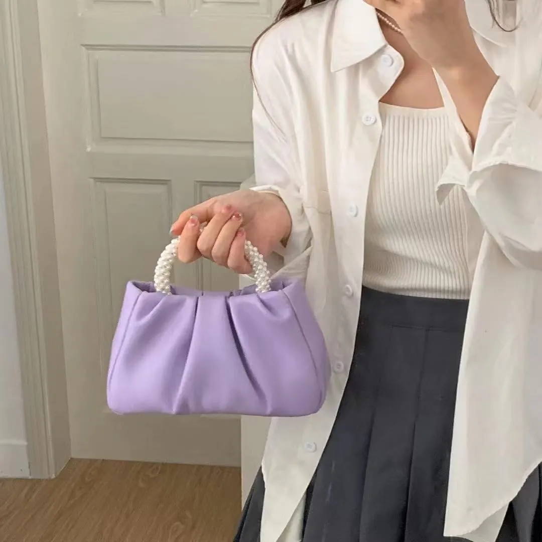 Womens Evening Clutch Pearl Purses Soft Leather Ruched Small Pearl Handbags Party Wedding Crossbody Shoulder Bags
