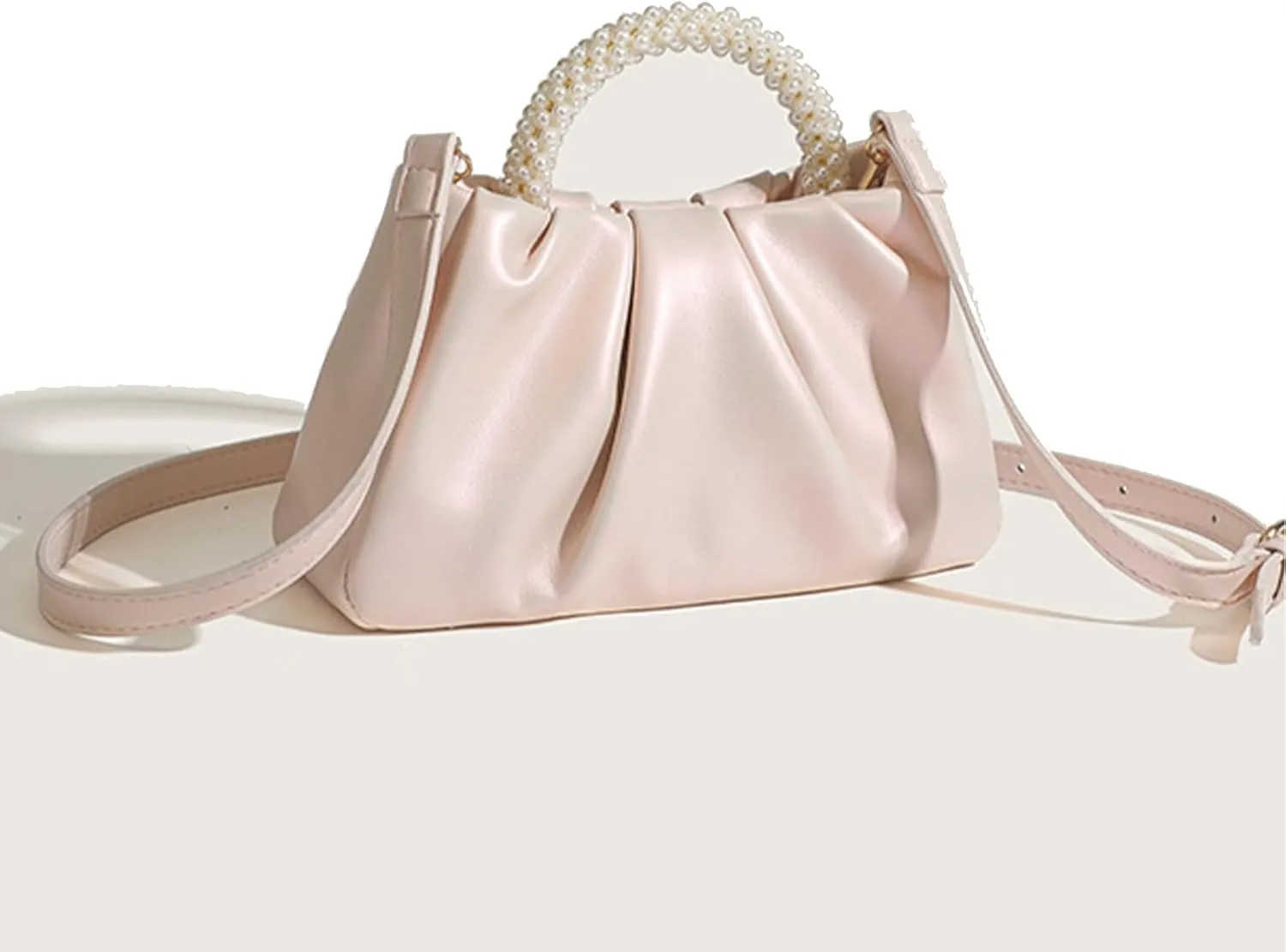 Womens Evening Clutch Pearl Purses Soft Leather Ruched Small Pearl Handbags Party Wedding Crossbody Shoulder Bags