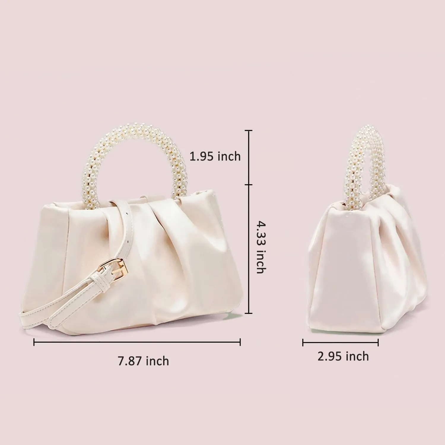 Womens Evening Clutch Pearl Purses Soft Leather Ruched Small Pearl Handbags Party Wedding Crossbody Shoulder Bags