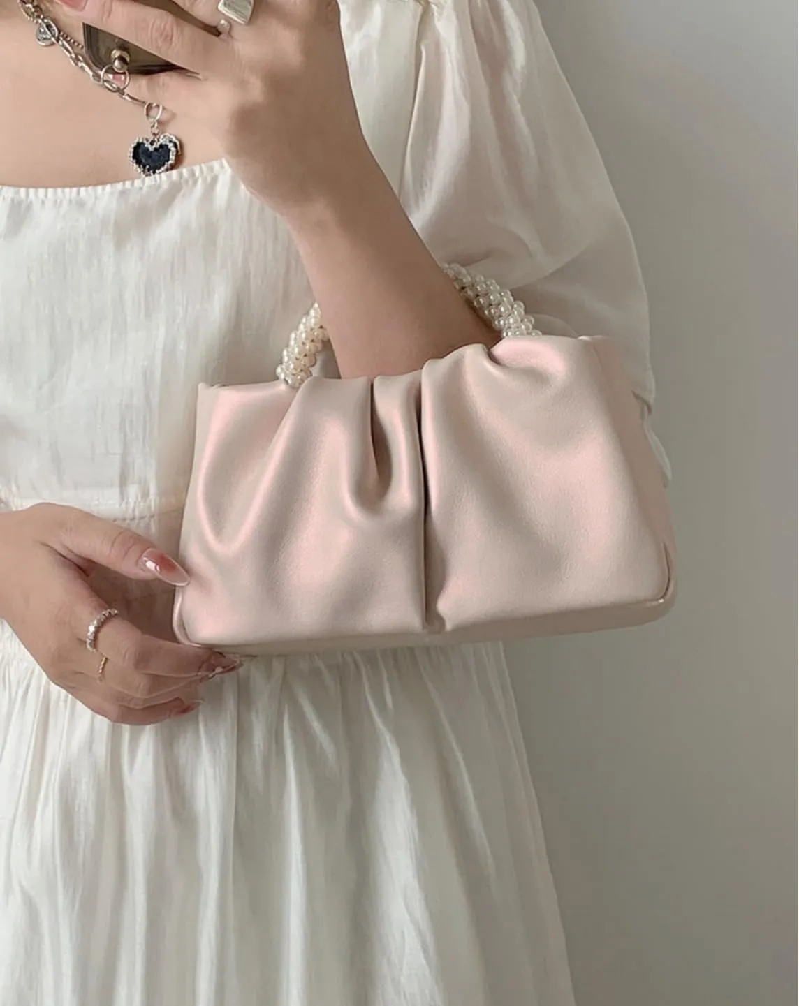 Womens Evening Clutch Pearl Purses Soft Leather Ruched Small Pearl Handbags Party Wedding Crossbody Shoulder Bags