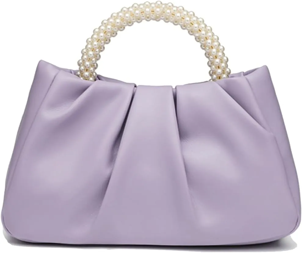 Womens Evening Clutch Pearl Purses Soft Leather Ruched Small Pearl Handbags Party Wedding Crossbody Shoulder Bags