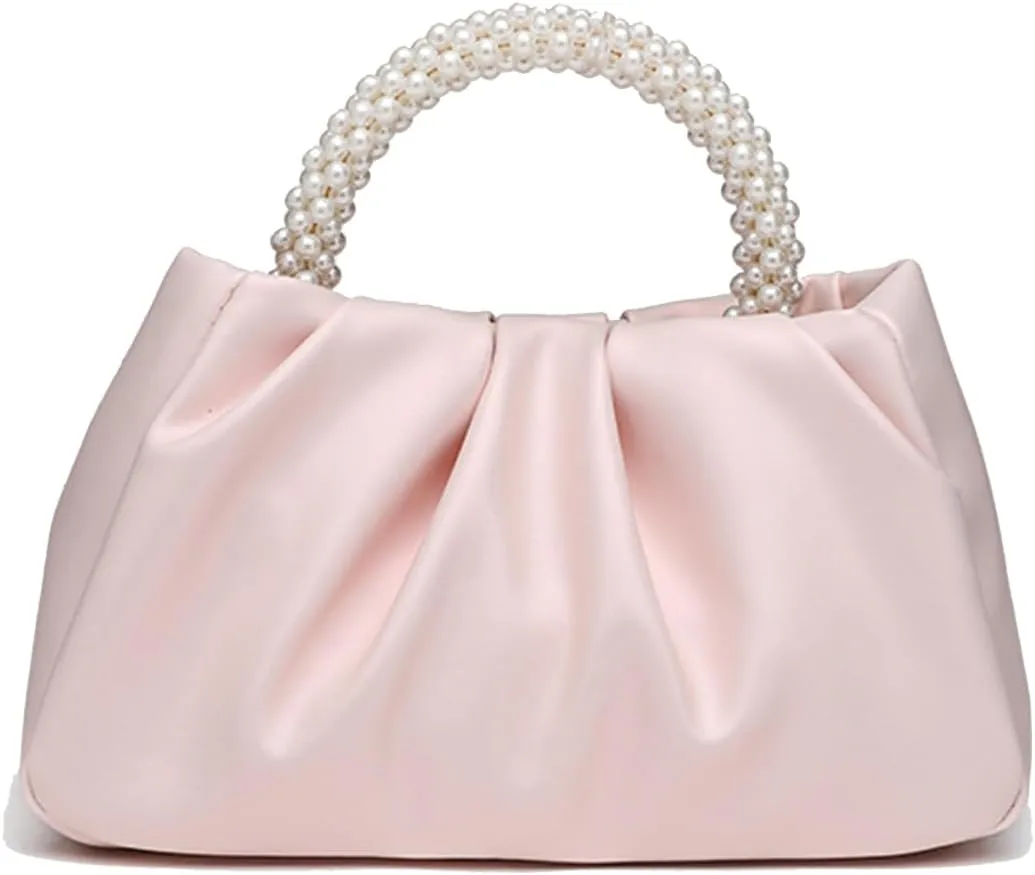 Womens Evening Clutch Pearl Purses Soft Leather Ruched Small Pearl Handbags Party Wedding Crossbody Shoulder Bags