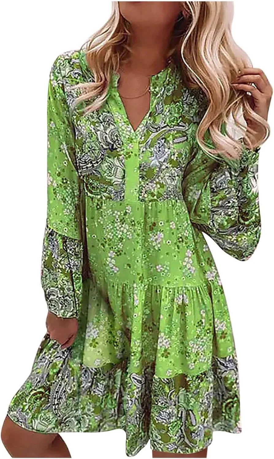 Womens Fall Dresses 2024 Boho Floral Ruffle Long Sleeve Maxi Dress Casual Flowy Swing Tiered Cocktail Party Dresses