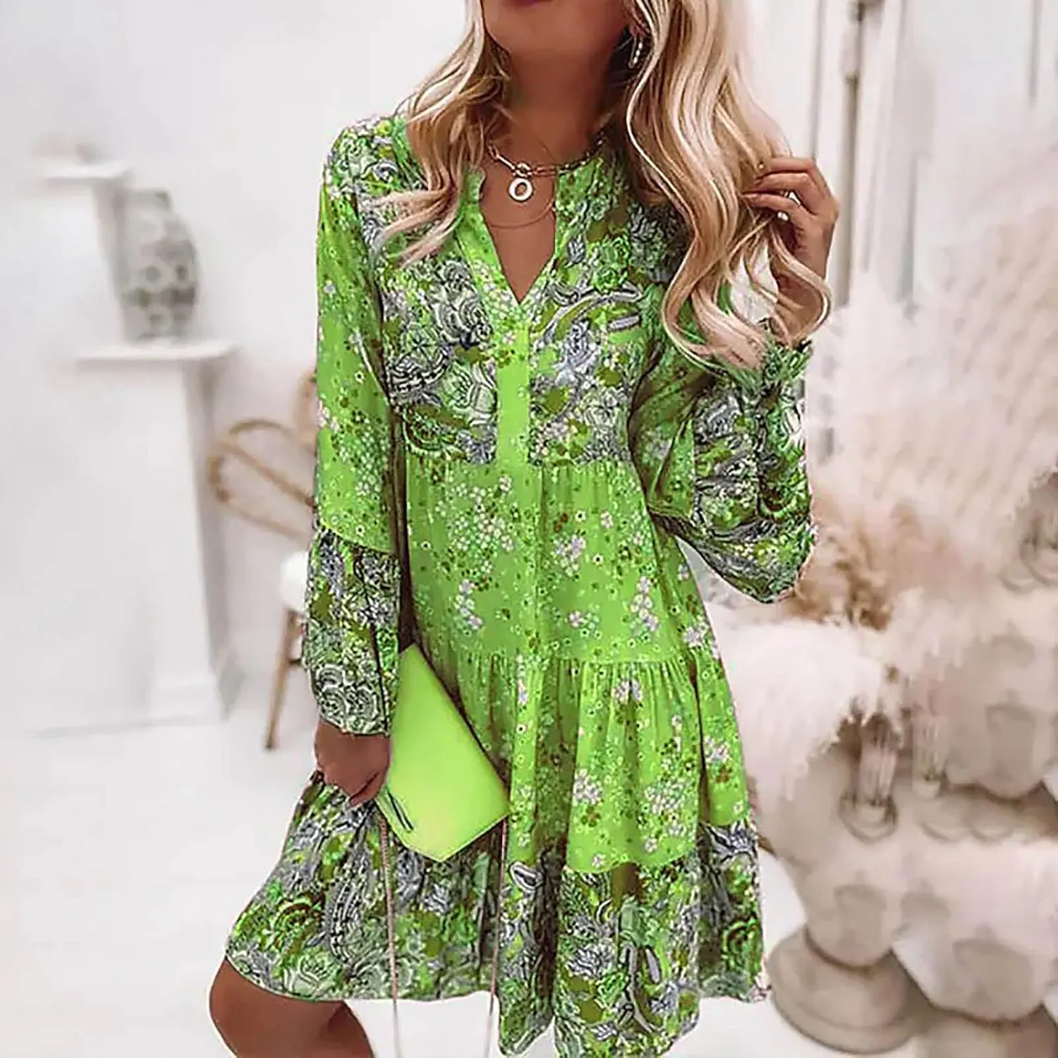 Womens Fall Dresses 2024 Boho Floral Ruffle Long Sleeve Maxi Dress Casual Flowy Swing Tiered Cocktail Party Dresses