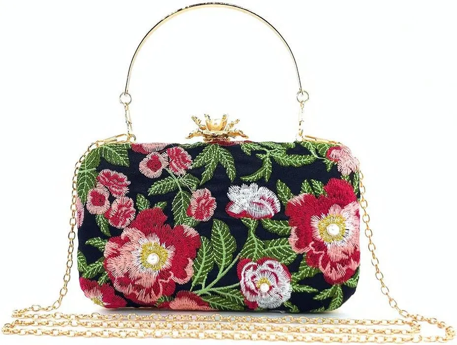 Womens Handmade Embroidery Beaded Evening Clutch Bag Vintage Pearls Handbag Purse for Wedding Prom Cocktail Party
