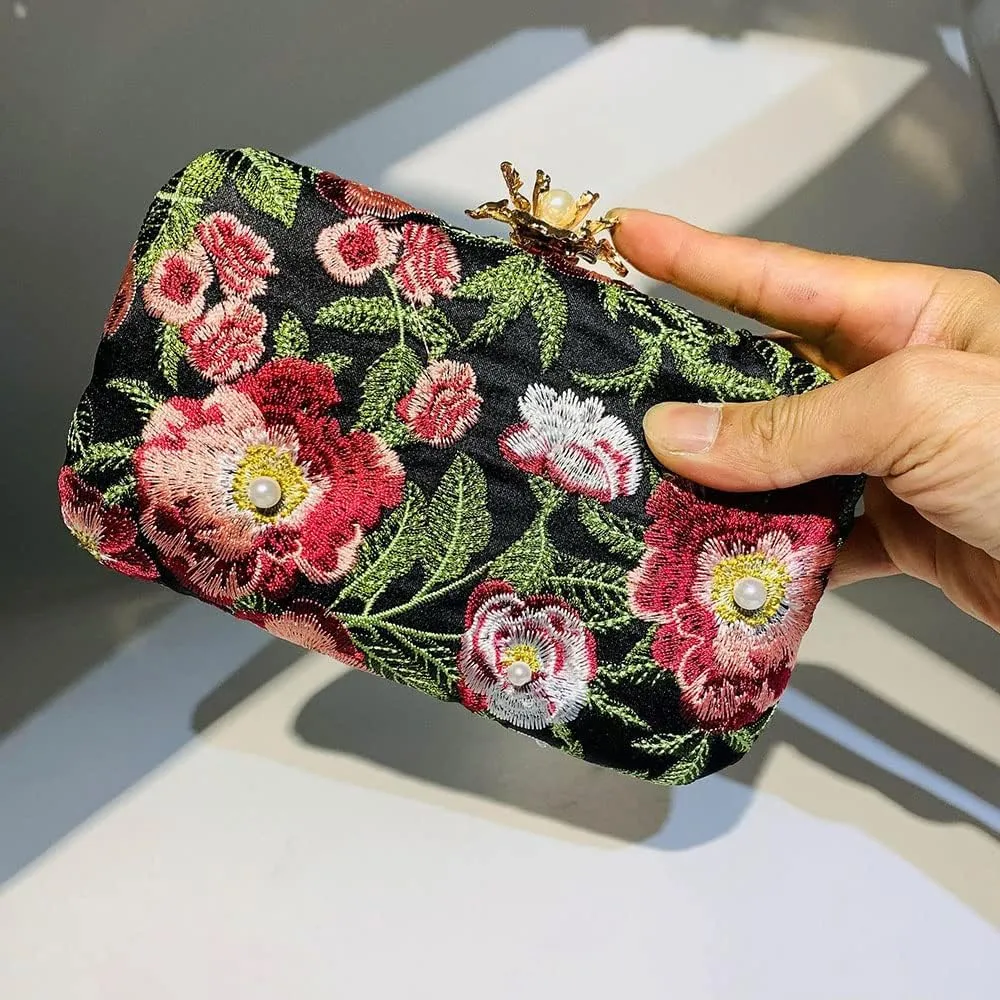 Womens Handmade Embroidery Beaded Evening Clutch Bag Vintage Pearls Handbag Purse for Wedding Prom Cocktail Party