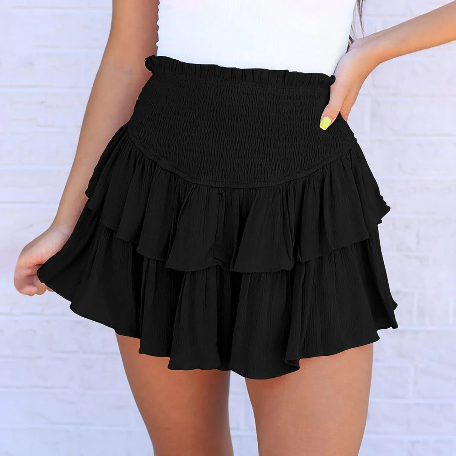 Women's High Waist Ruffle Flowy Hem Mini Skirts Stretchy Lined Layered Pleated Casual Beach Short Skirt