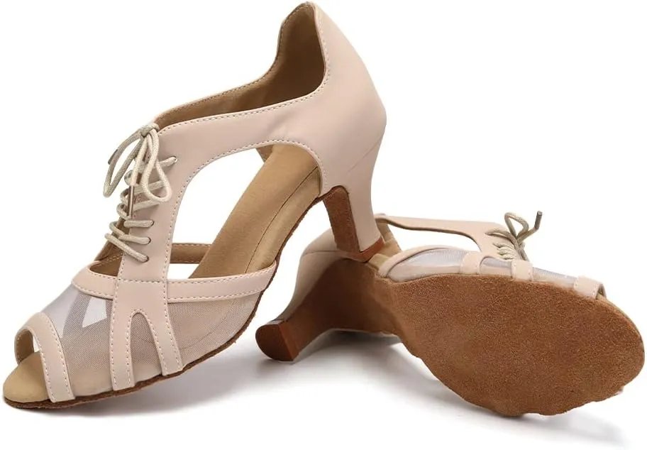 Women's Latin Salsa Dance Shoes Lace-up Open-Toe Wedding Party Ballroom Dancing Shoes,Model FT087-Suede Sole-2.5Heel