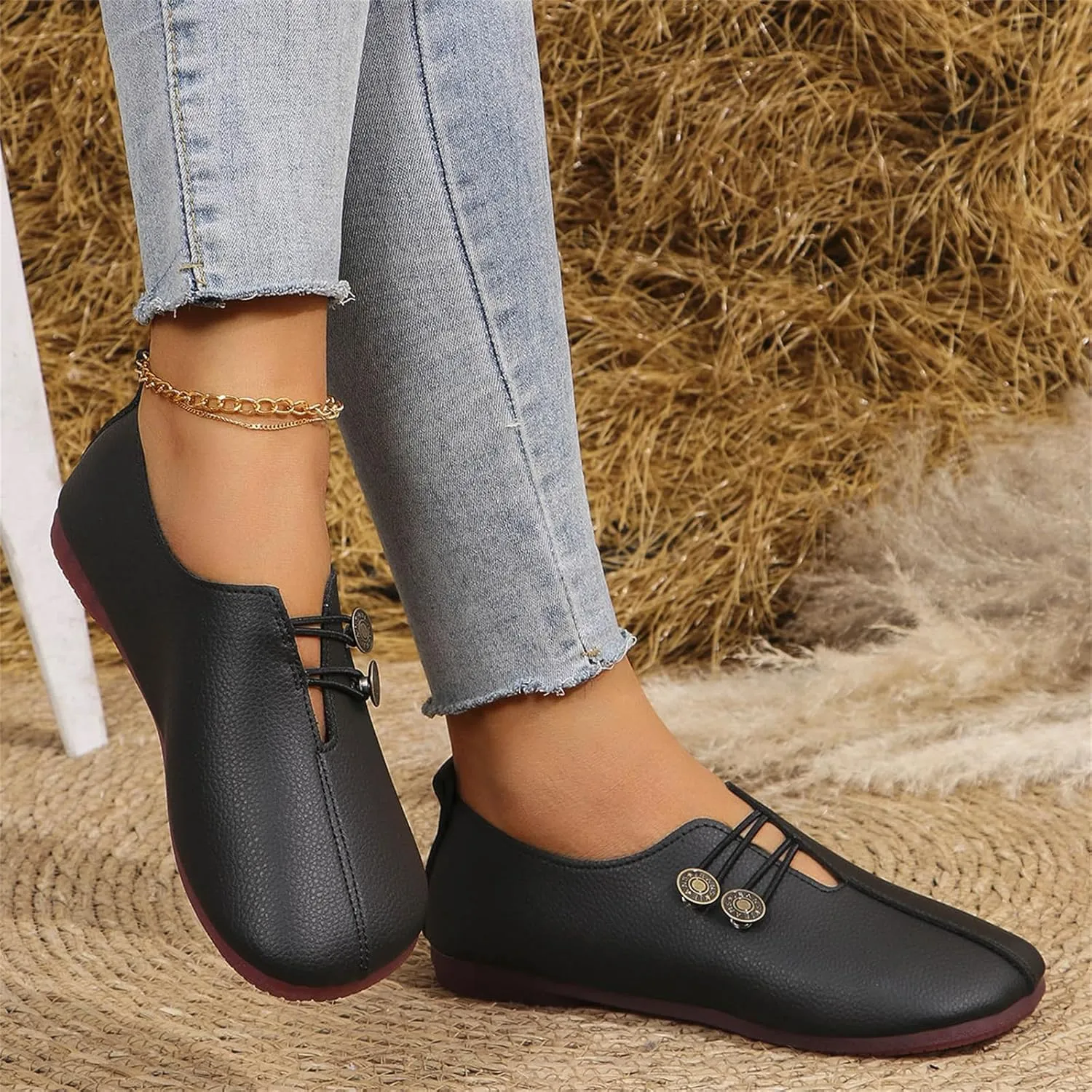 Womens Loafers Flats Shoes Comfortable Round Toe Flat Sandals Slip On Breathable Soft Cushion Lightweight Shoes with Button Detail for Everyday Elegance