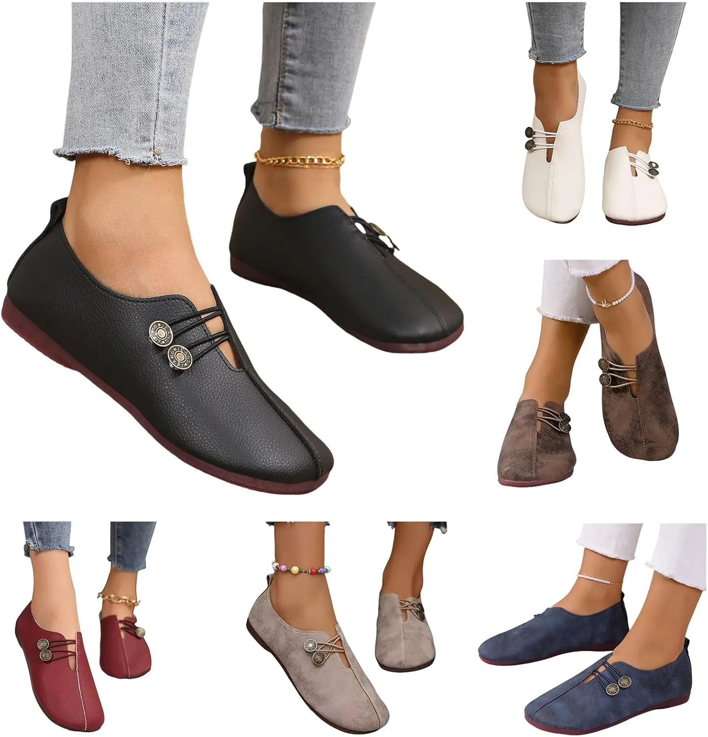 Womens Loafers Flats Shoes Comfortable Round Toe Flat Sandals Slip On Breathable Soft Cushion Lightweight Shoes with Button Detail for Everyday Elegance