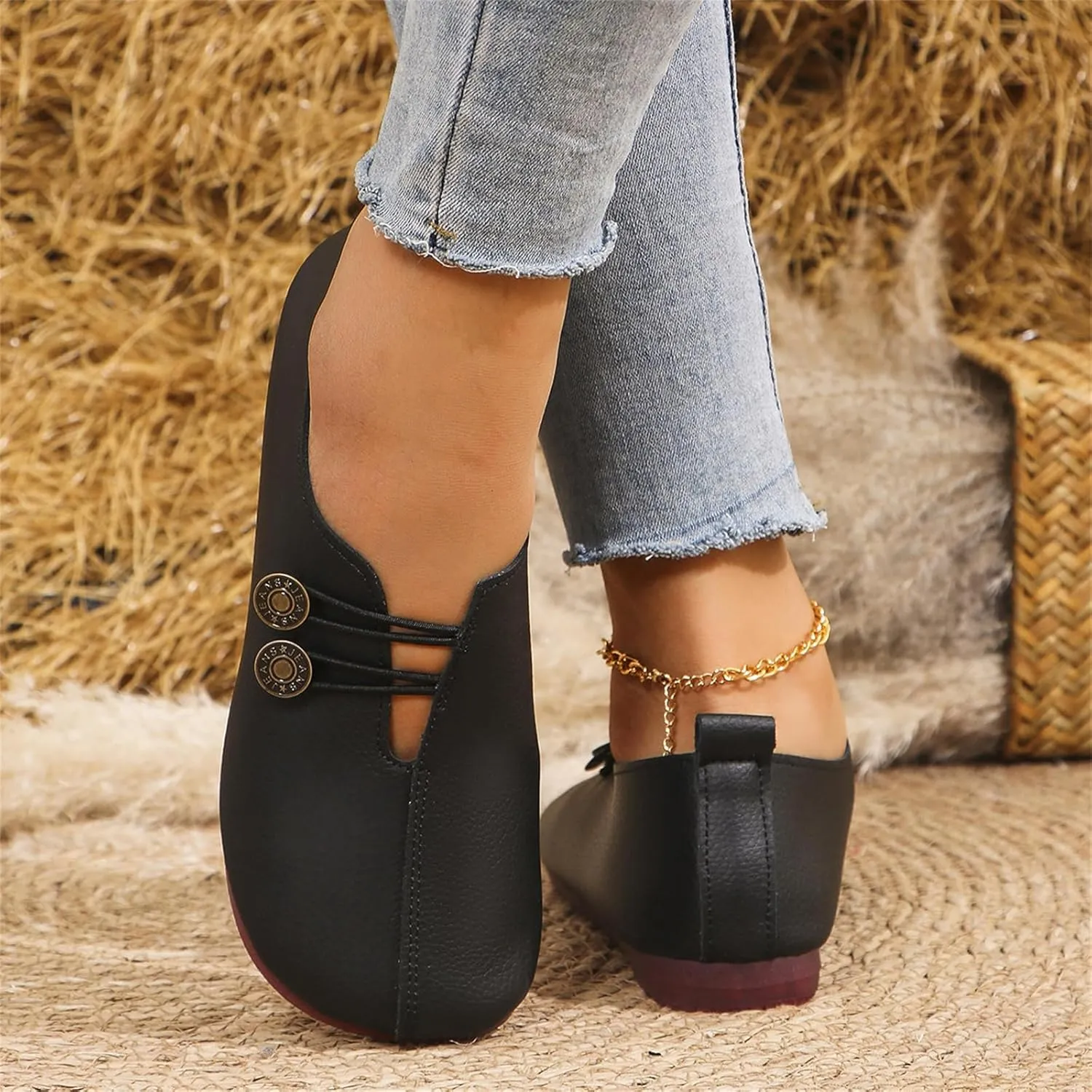 Womens Loafers Flats Shoes Comfortable Round Toe Flat Sandals Slip On Breathable Soft Cushion Lightweight Shoes with Button Detail for Everyday Elegance