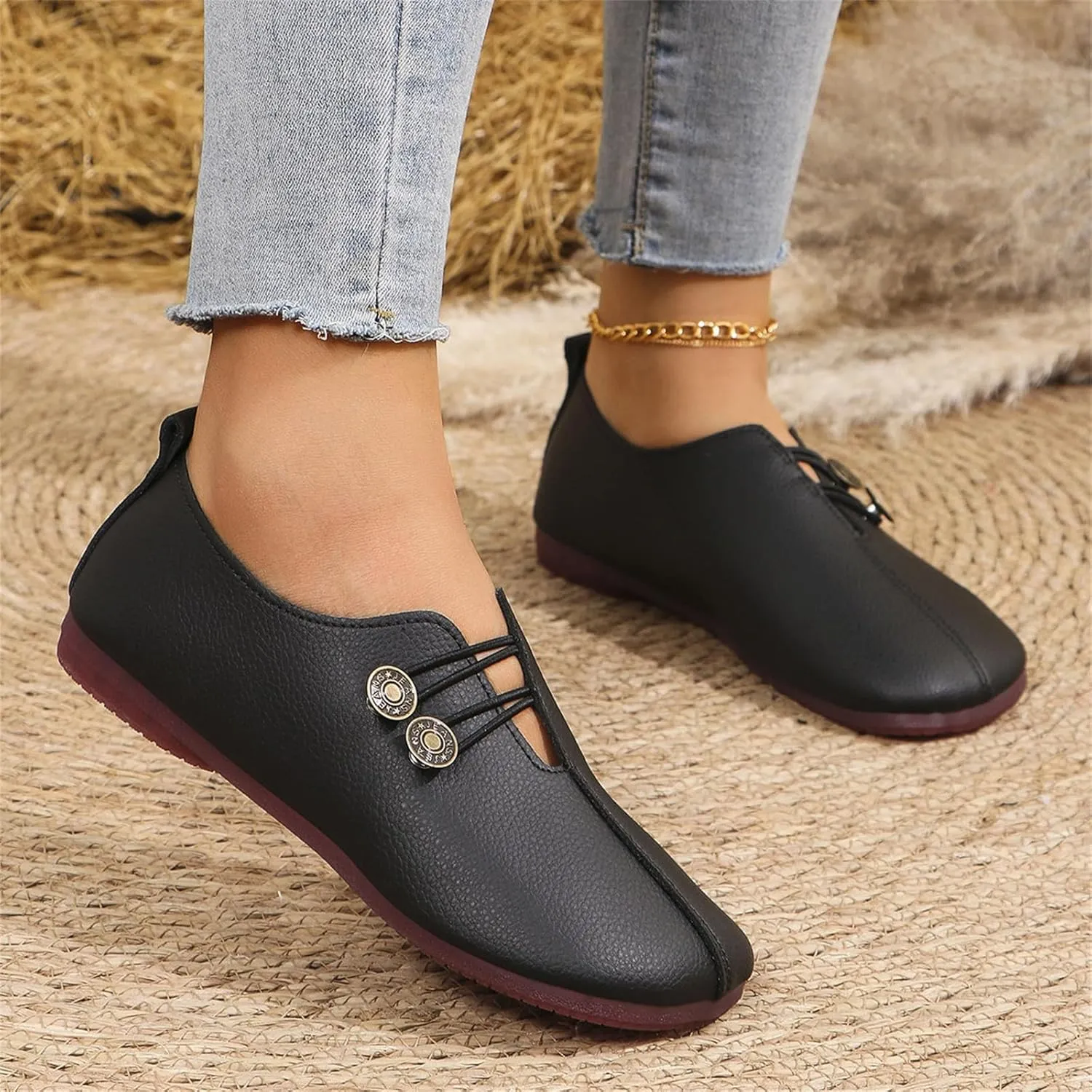 Womens Loafers Flats Shoes Comfortable Round Toe Flat Sandals Slip On Breathable Soft Cushion Lightweight Shoes with Button Detail for Everyday Elegance