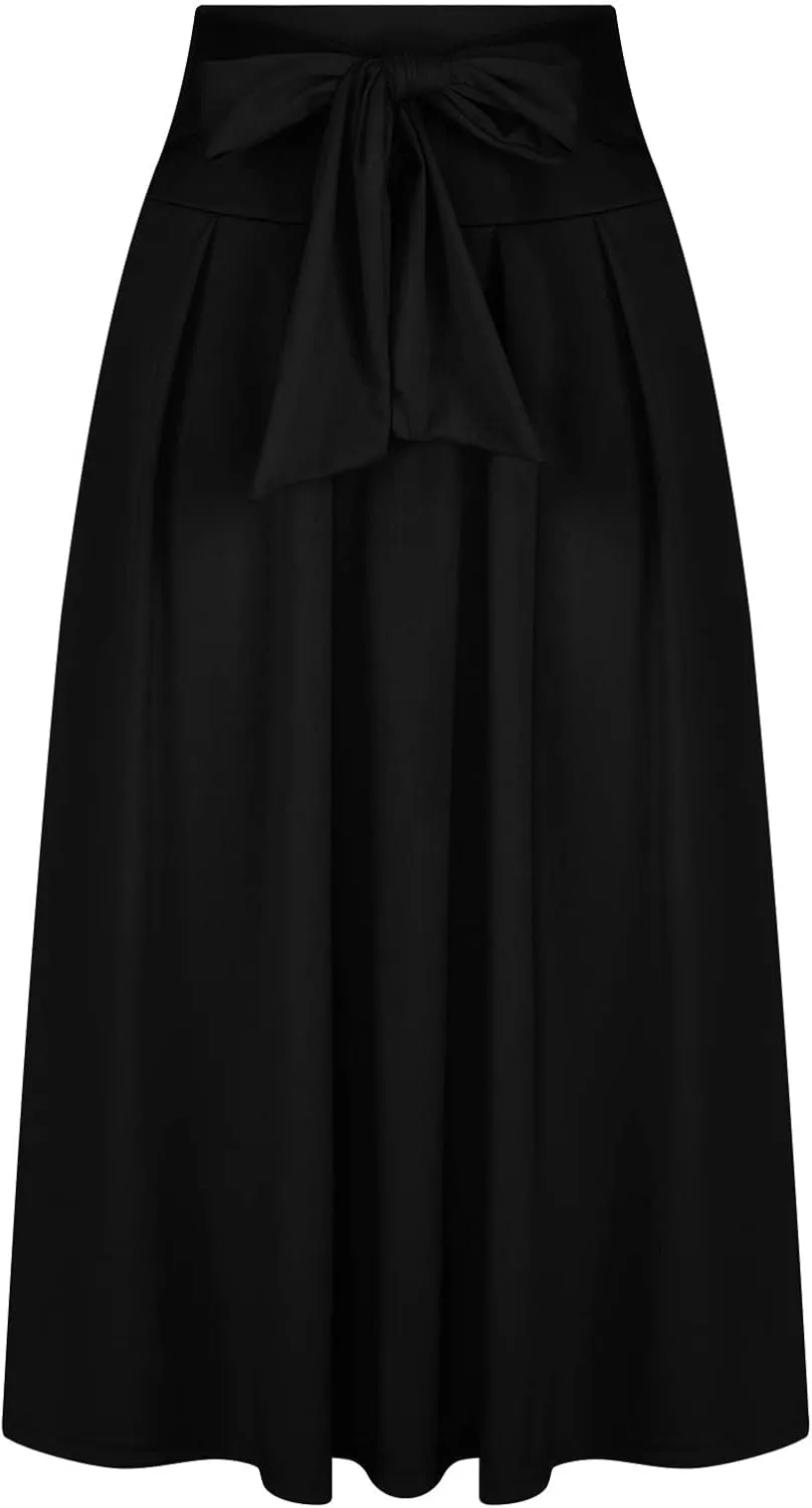 Womens Maxi Skirt Casual High Waist Bowknot Tied Front Pleated Flowy A-Line Long Swing Skirts for Party Prom