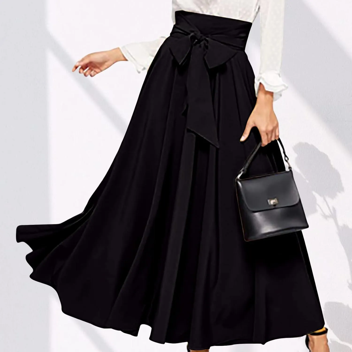 Womens Maxi Skirt Casual High Waist Bowknot Tied Front Pleated Flowy A-Line Long Swing Skirts for Party Prom