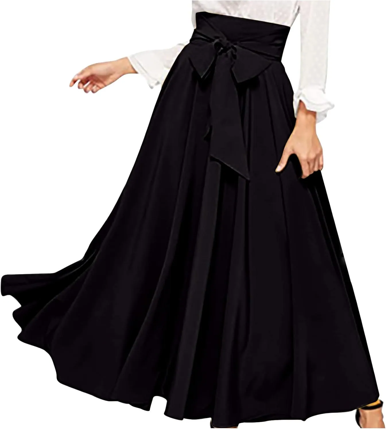 Womens Maxi Skirt Casual High Waist Bowknot Tied Front Pleated Flowy A-Line Long Swing Skirts for Party Prom