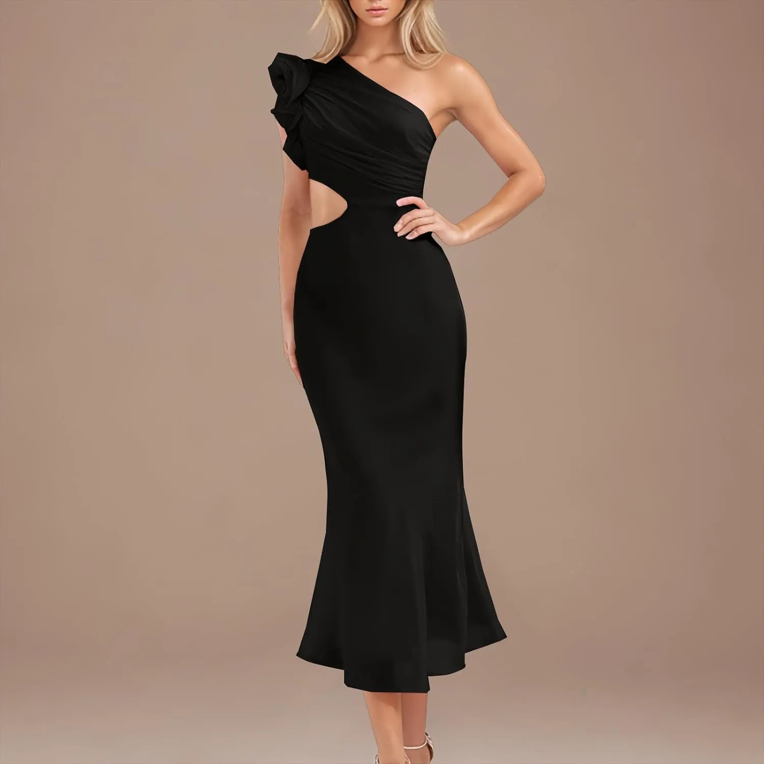 Women's One Shoulder Sleeveless Cutout Bodycon Maxi Long Dress Sexy Ruffle Elegant Cocktail Gown Evening Dresses