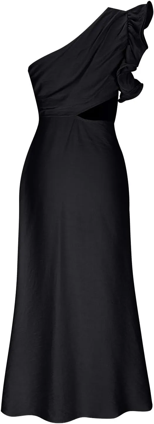 Women's One Shoulder Sleeveless Cutout Bodycon Maxi Long Dress Sexy Ruffle Elegant Cocktail Gown Evening Dresses