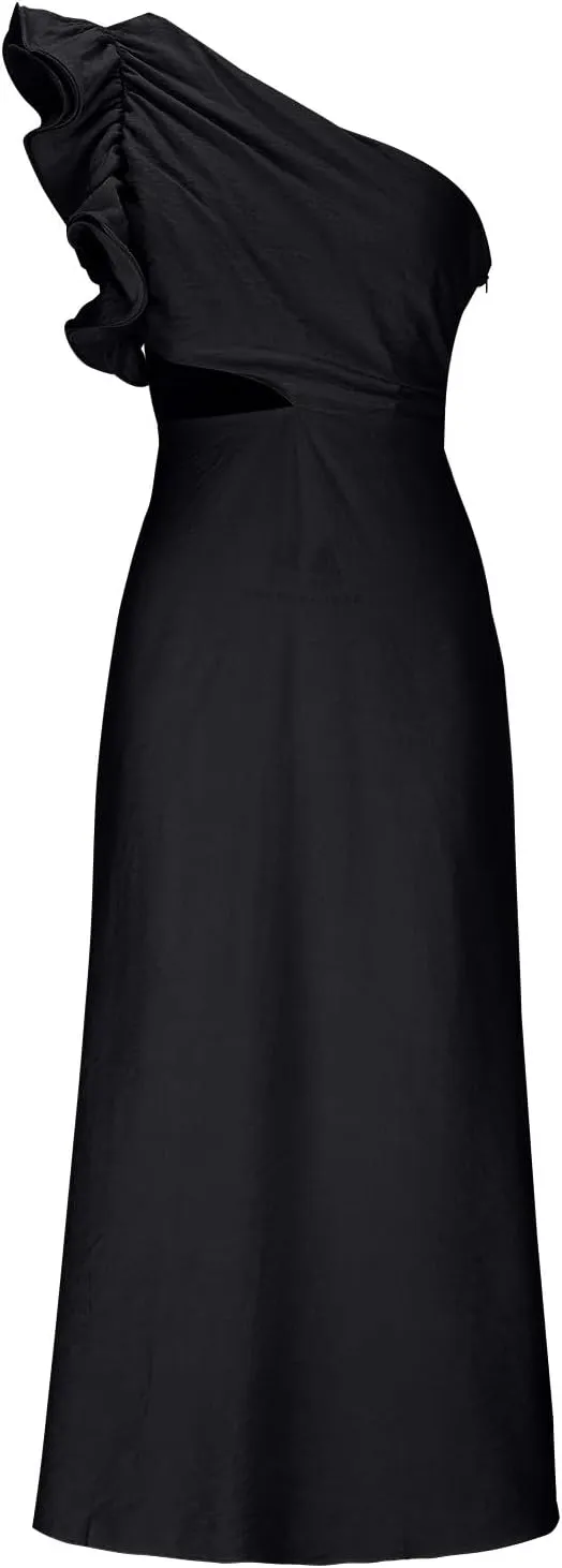 Women's One Shoulder Sleeveless Cutout Bodycon Maxi Long Dress Sexy Ruffle Elegant Cocktail Gown Evening Dresses