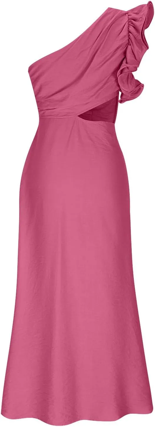 Women's One Shoulder Sleeveless Cutout Bodycon Maxi Long Dress Sexy Ruffle Elegant Cocktail Gown Evening Dresses