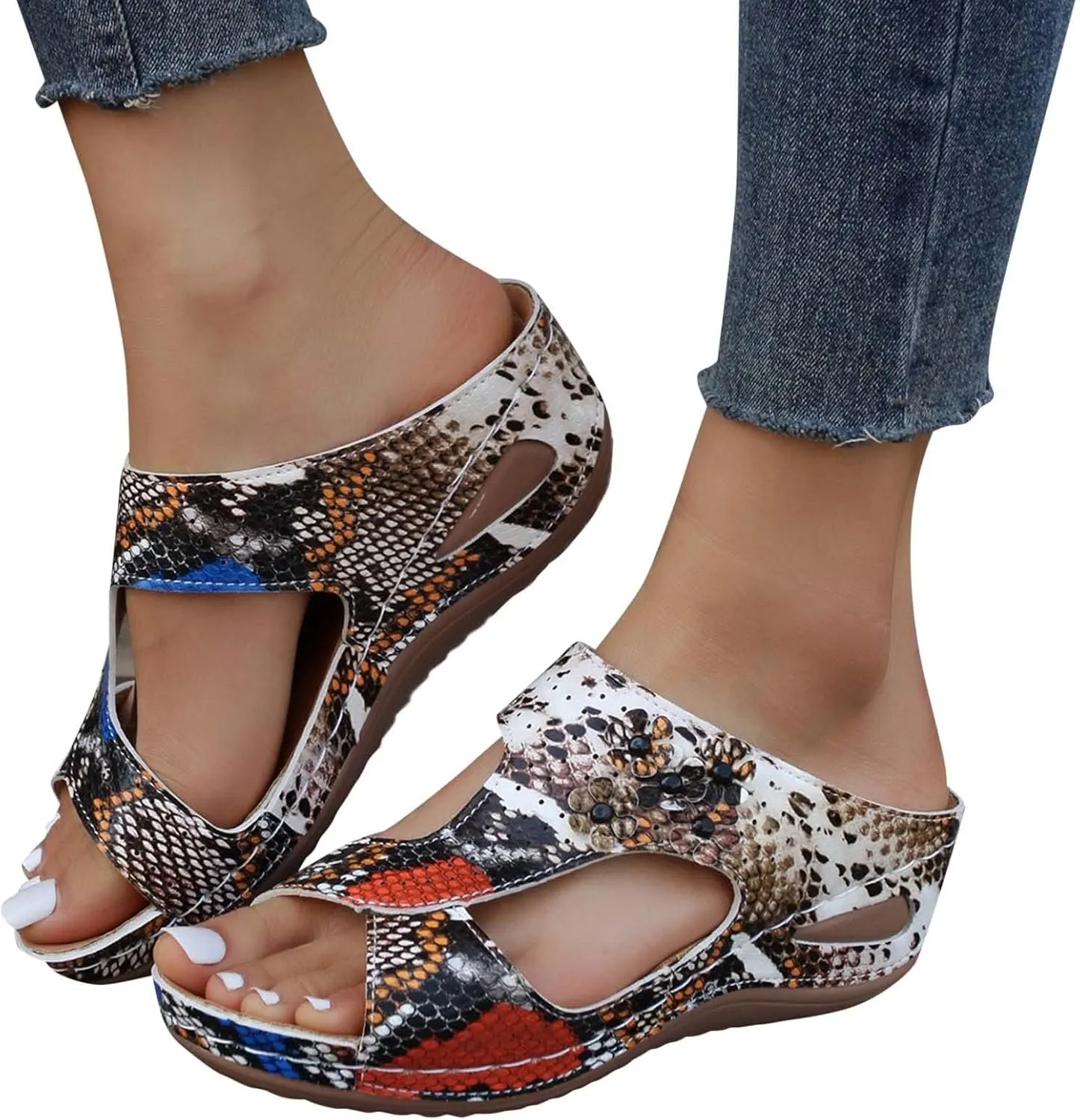 Women's Orthopedic Sandals Slip On Open Toe Flowers PU Wedge Platform Comfortable Arch Support Slippers