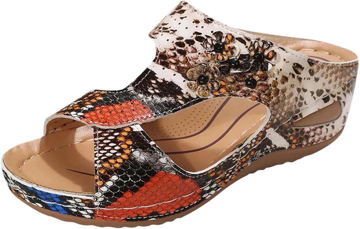 Women's Orthopedic Sandals Slip On Open Toe Flowers PU Wedge Platform Comfortable Arch Support Slippers