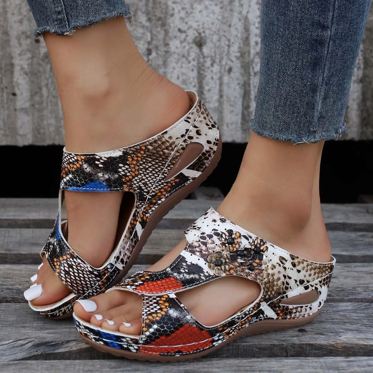 Women's Orthopedic Sandals Slip On Open Toe Flowers PU Wedge Platform Comfortable Arch Support Slippers