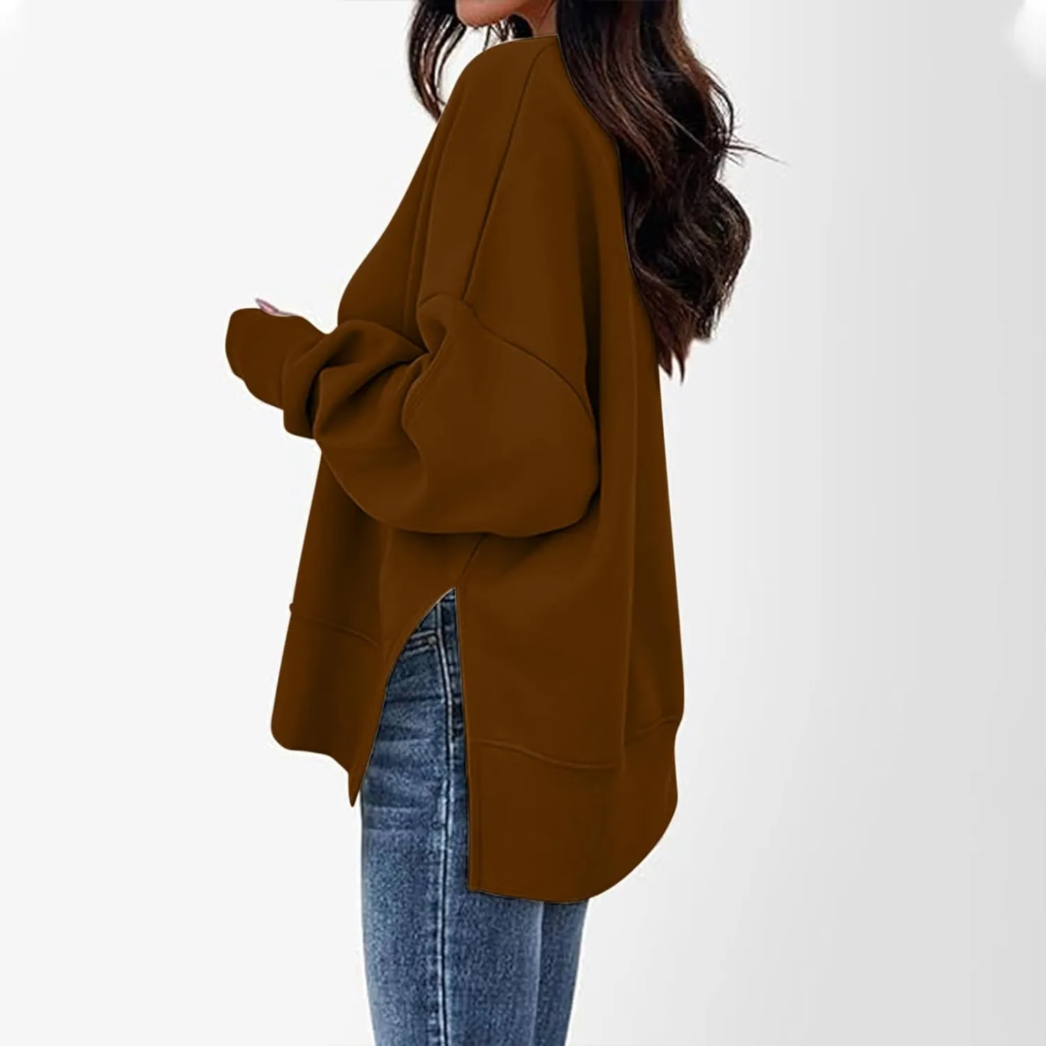 Women's Oversized Sweatshirt Fleece Hoodies Casual Crew Neck Loose Fit Side Slit Pullover Tops with Pockets