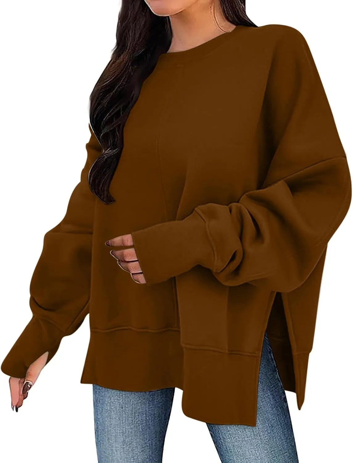 Women's Oversized Sweatshirt Fleece Hoodies Casual Crew Neck Loose Fit Side Slit Pullover Tops with Pockets