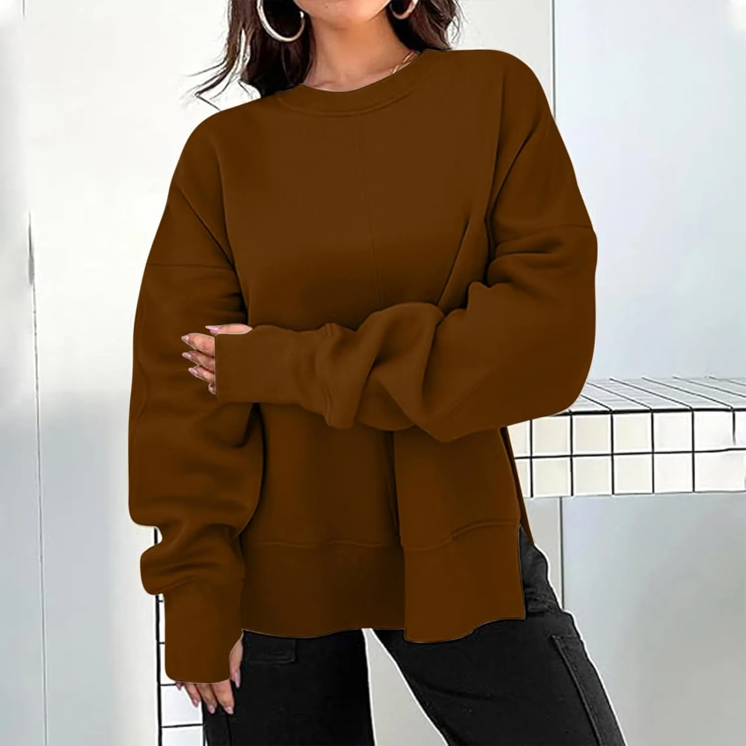 Women's Oversized Sweatshirt Fleece Hoodies Casual Crew Neck Loose Fit Side Slit Pullover Tops with Pockets