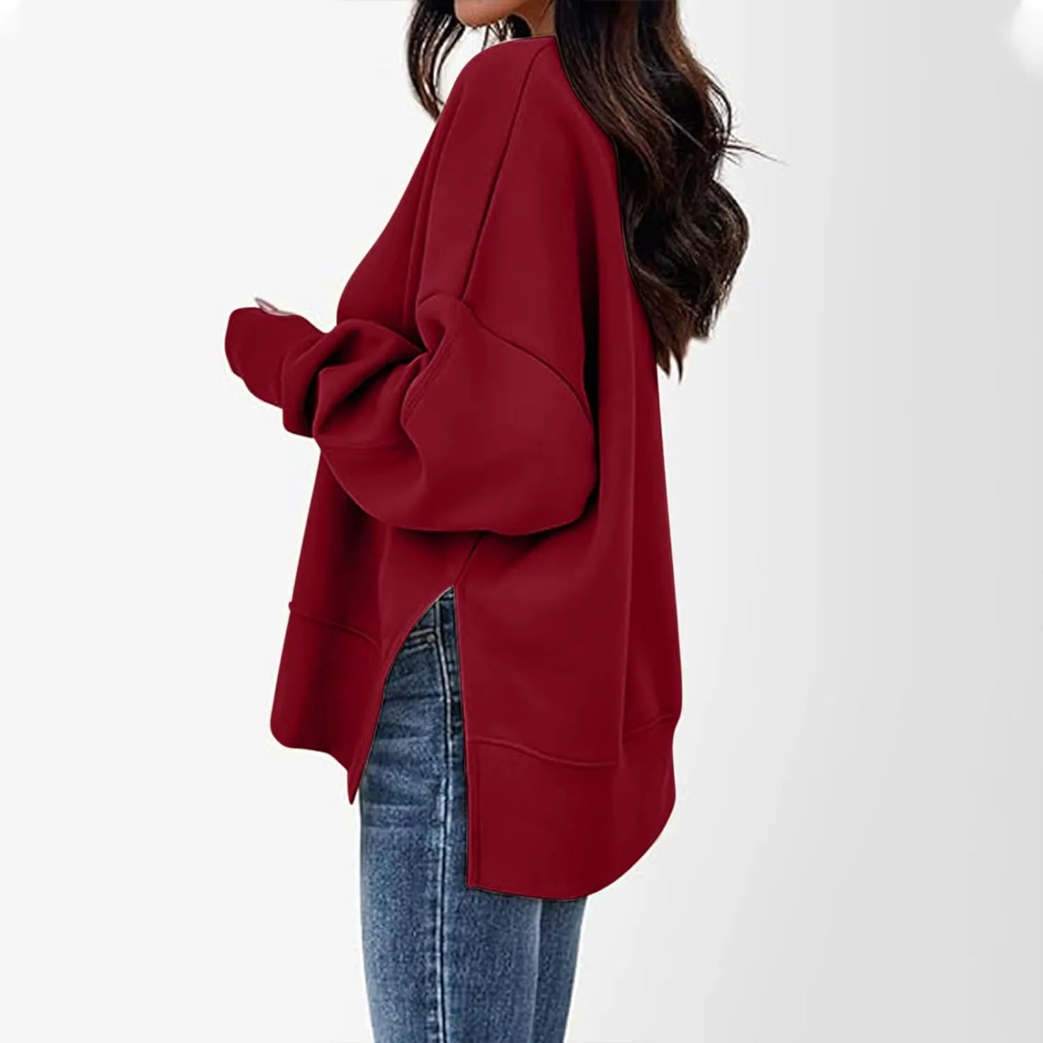 Women's Oversized Sweatshirt Fleece Hoodies Casual Crew Neck Loose Fit Side Slit Pullover Tops with Pockets