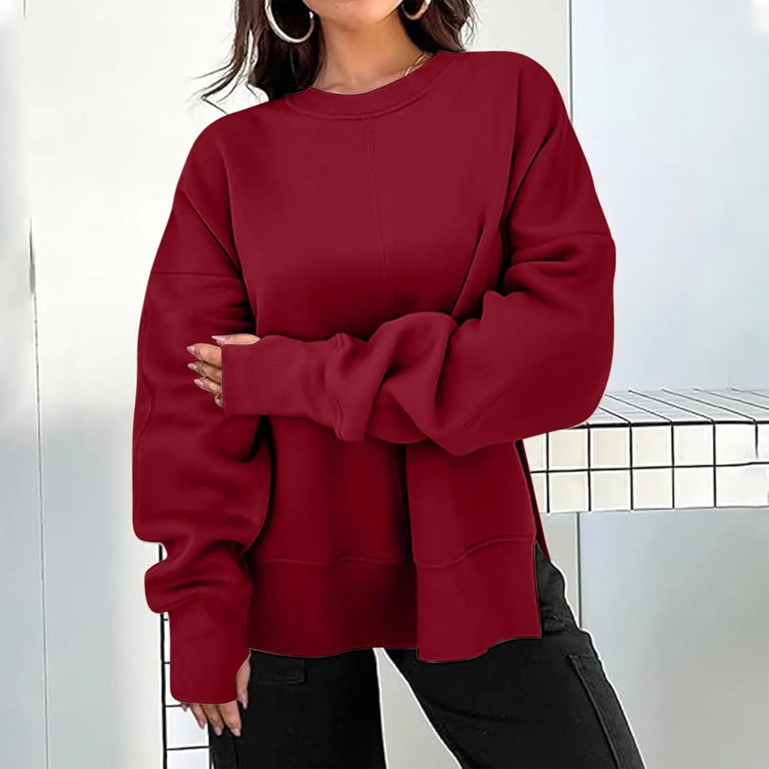 Women's Oversized Sweatshirt Fleece Hoodies Casual Crew Neck Loose Fit Side Slit Pullover Tops with Pockets
