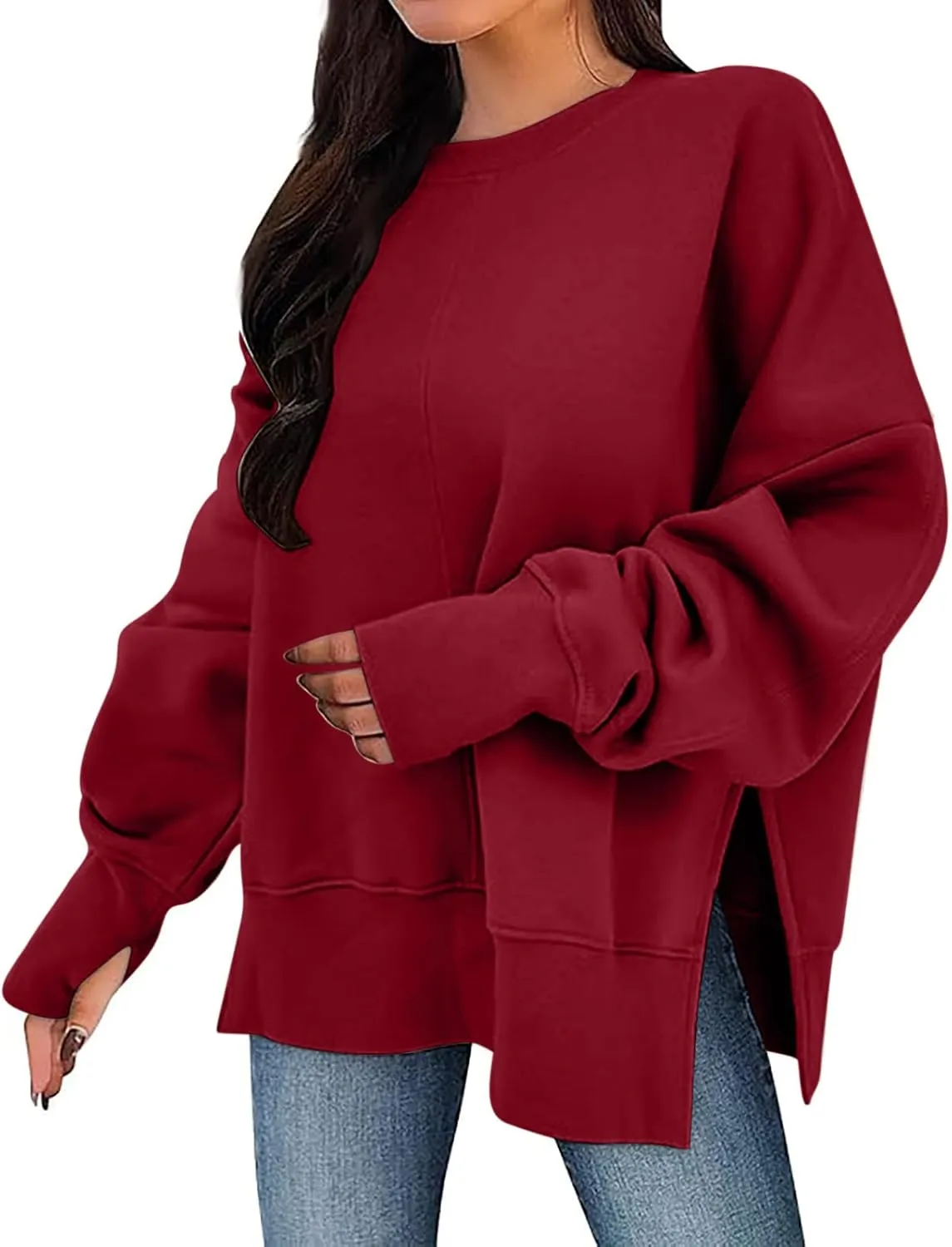 Women's Oversized Sweatshirt Fleece Hoodies Casual Crew Neck Loose Fit Side Slit Pullover Tops with Pockets