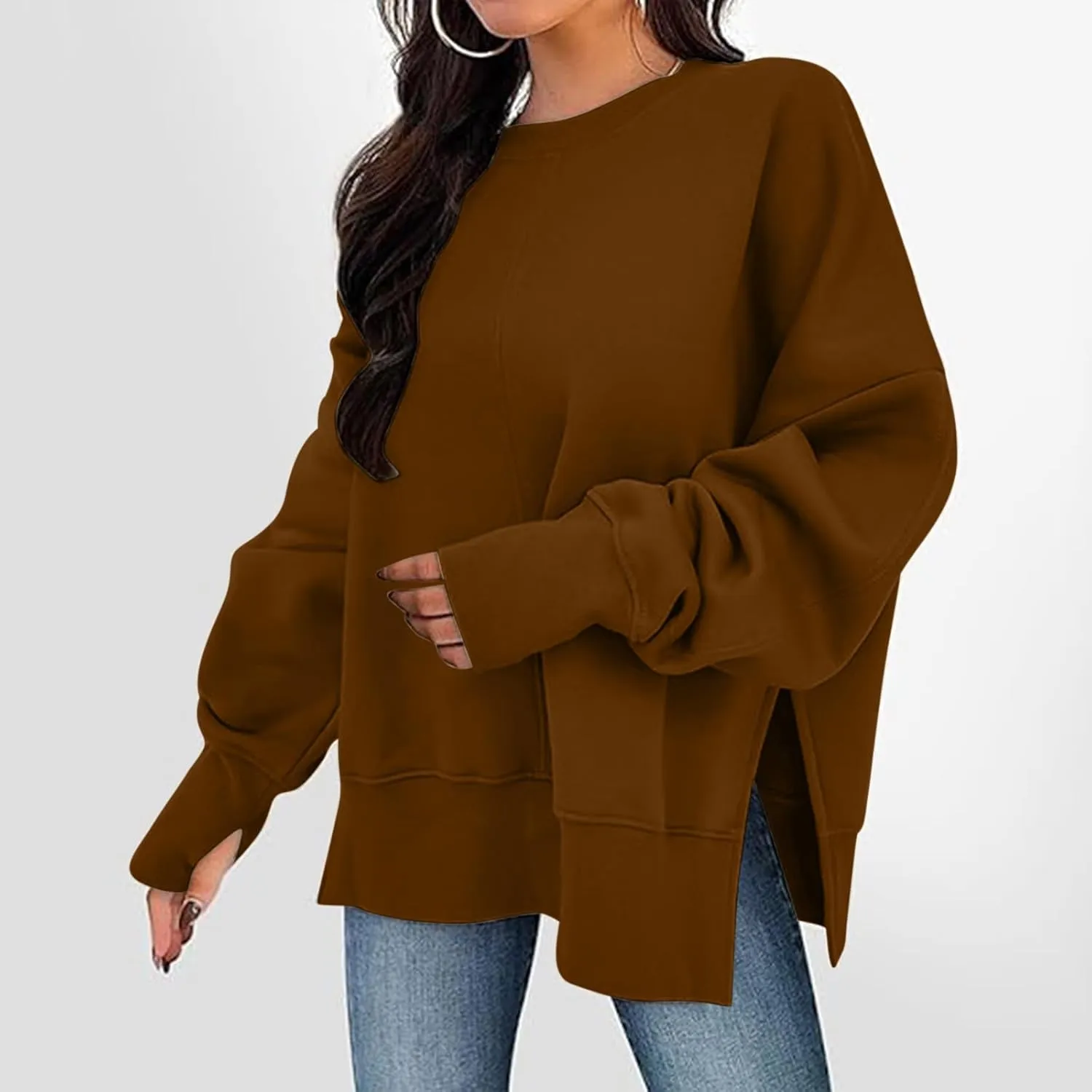 Women's Oversized Sweatshirt Fleece Hoodies Casual Crew Neck Loose Fit Side Slit Pullover Tops with Pockets