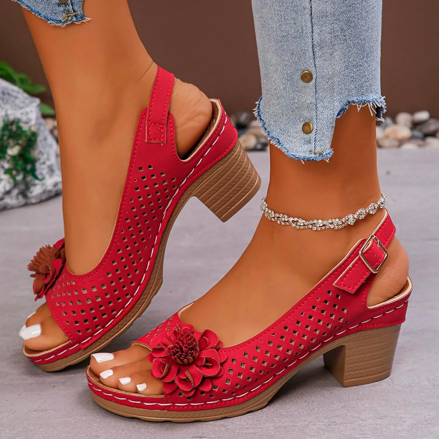 Womens Sandals Block Heel Open Toe Fish Mouth Flowers Comfortable Hollow Out Breathable Adjustable Strappy Shoes Dress Wedding Comfy Elegant Vacation Beach Party Sandals