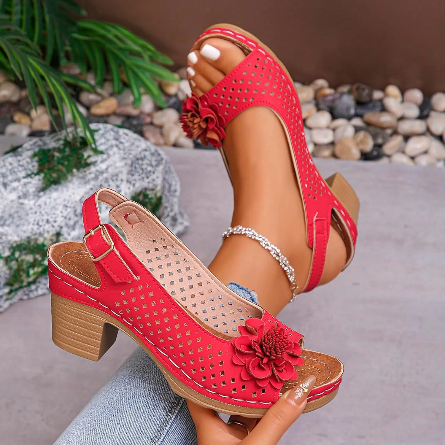 Womens Sandals Block Heel Open Toe Fish Mouth Flowers Comfortable Hollow Out Breathable Adjustable Strappy Shoes Dress Wedding Comfy Elegant Vacation Beach Party Sandals