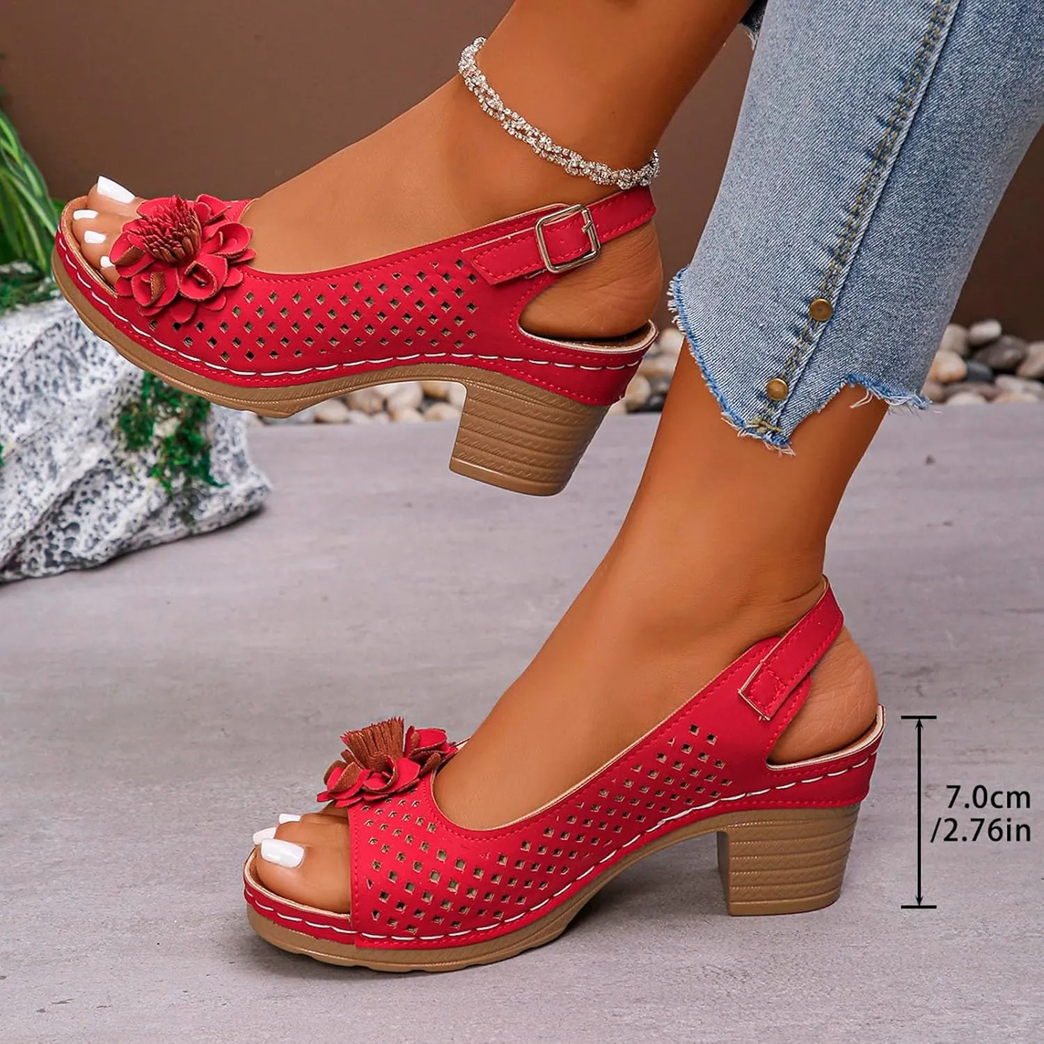 Womens Sandals Block Heel Open Toe Fish Mouth Flowers Comfortable Hollow Out Breathable Adjustable Strappy Shoes Dress Wedding Comfy Elegant Vacation Beach Party Sandals