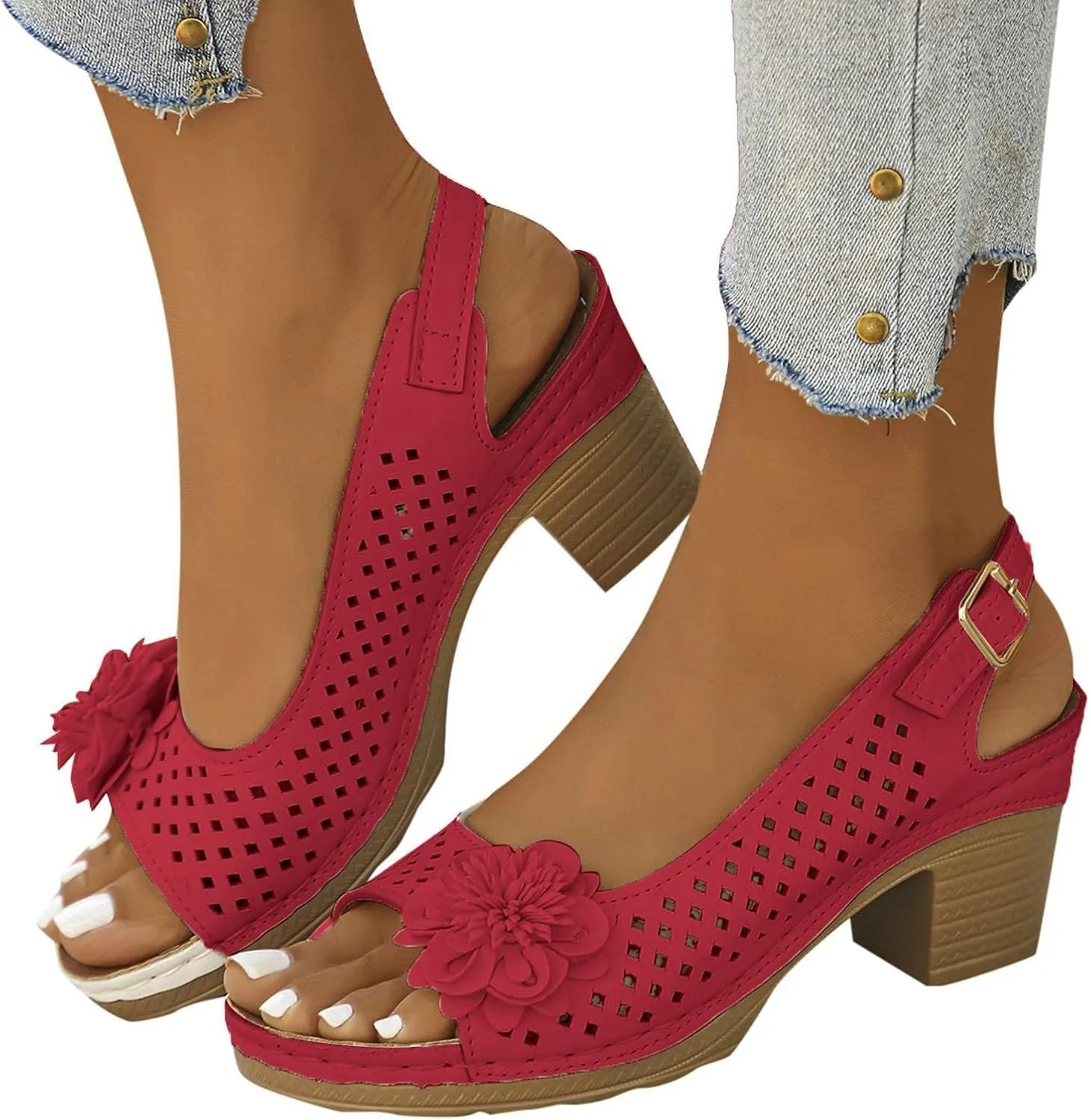 Womens Sandals Block Heel Open Toe Fish Mouth Flowers Comfortable Hollow Out Breathable Adjustable Strappy Shoes Dress Wedding Comfy Elegant Vacation Beach Party Sandals