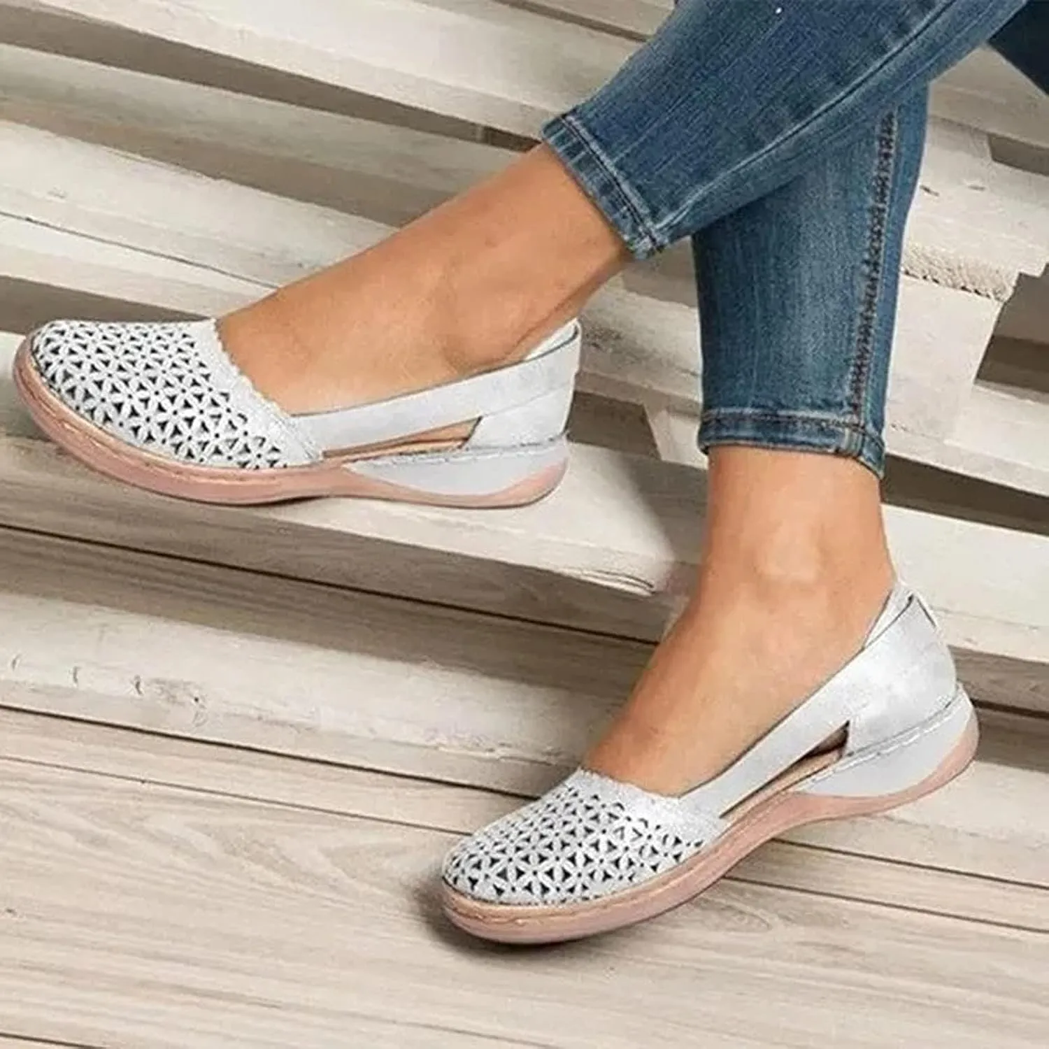 Womens Sandals Closed Toe Slip on Flats Hollow Orthopedic Soft Comfortable Summer Round Toe Low Heels Arch Support Outdoor Walking Fashion Shoes Side Empty Sandals