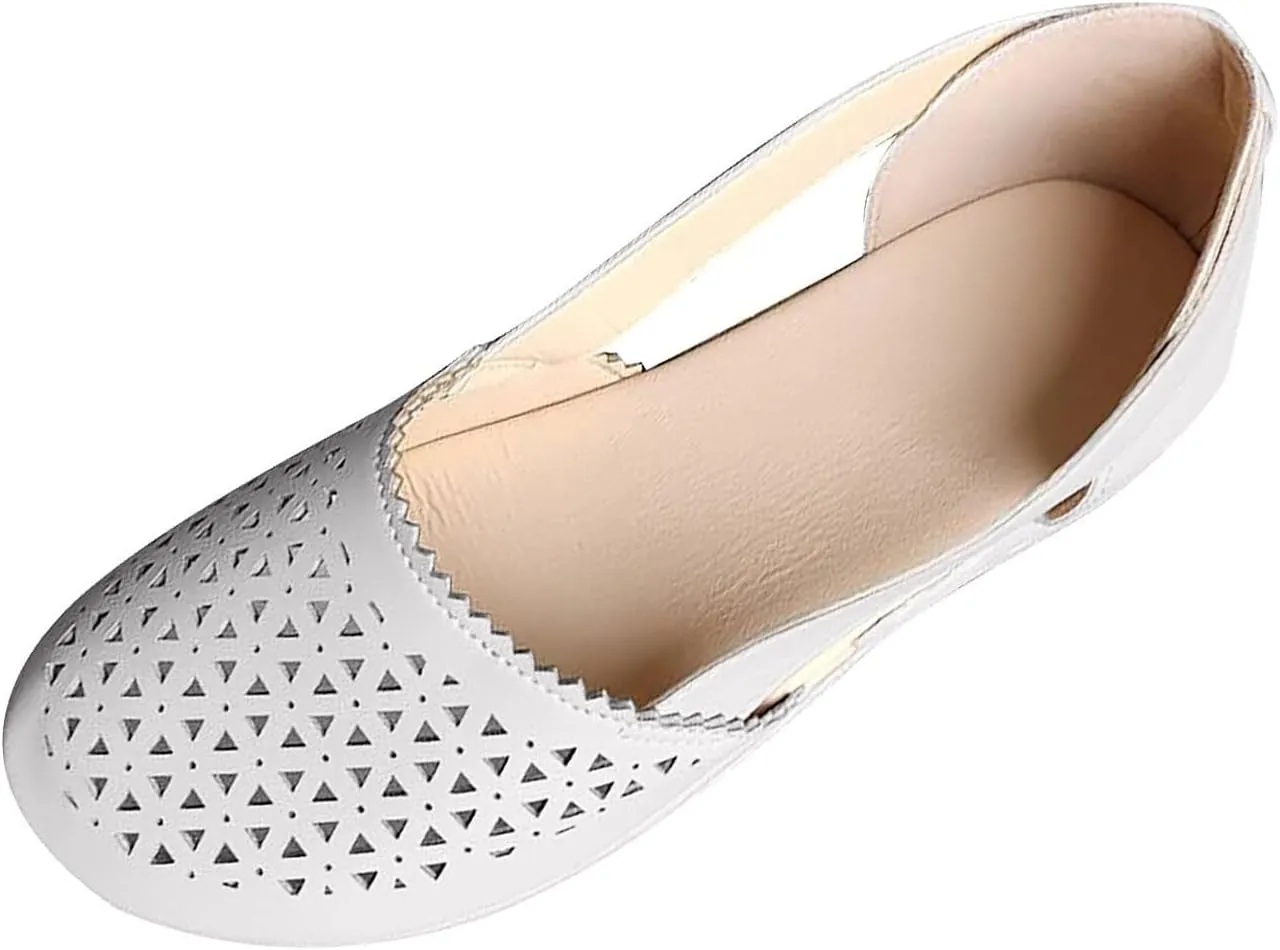 Womens Sandals Closed Toe Slip on Flats Hollow Orthopedic Soft Comfortable Summer Round Toe Low Heels Arch Support Outdoor Walking Fashion Shoes Side Empty Sandals