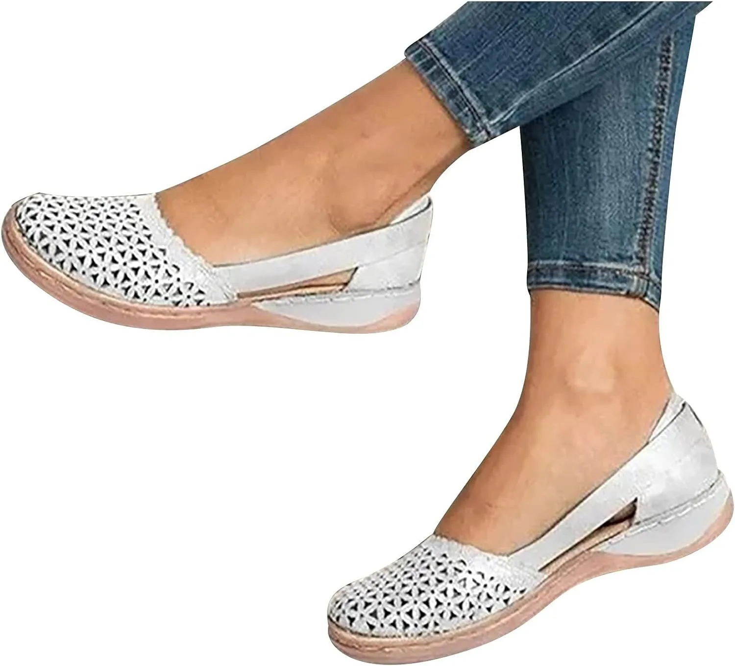 Womens Sandals Closed Toe Slip on Flats Hollow Orthopedic Soft Comfortable Summer Round Toe Low Heels Arch Support Outdoor Walking Fashion Shoes Side Empty Sandals