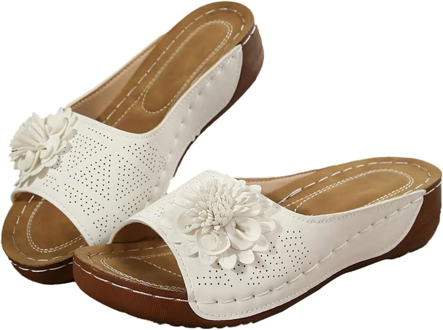 Womens Sandals Summer Orthopedic Wedge Sandals for Women Flowers Slip on Slides Sandal Dressy Low Open Toe Slides Ladies Shoes Thick Cushion Slippers Flower Sandal Footbed Platform Shoes 2025