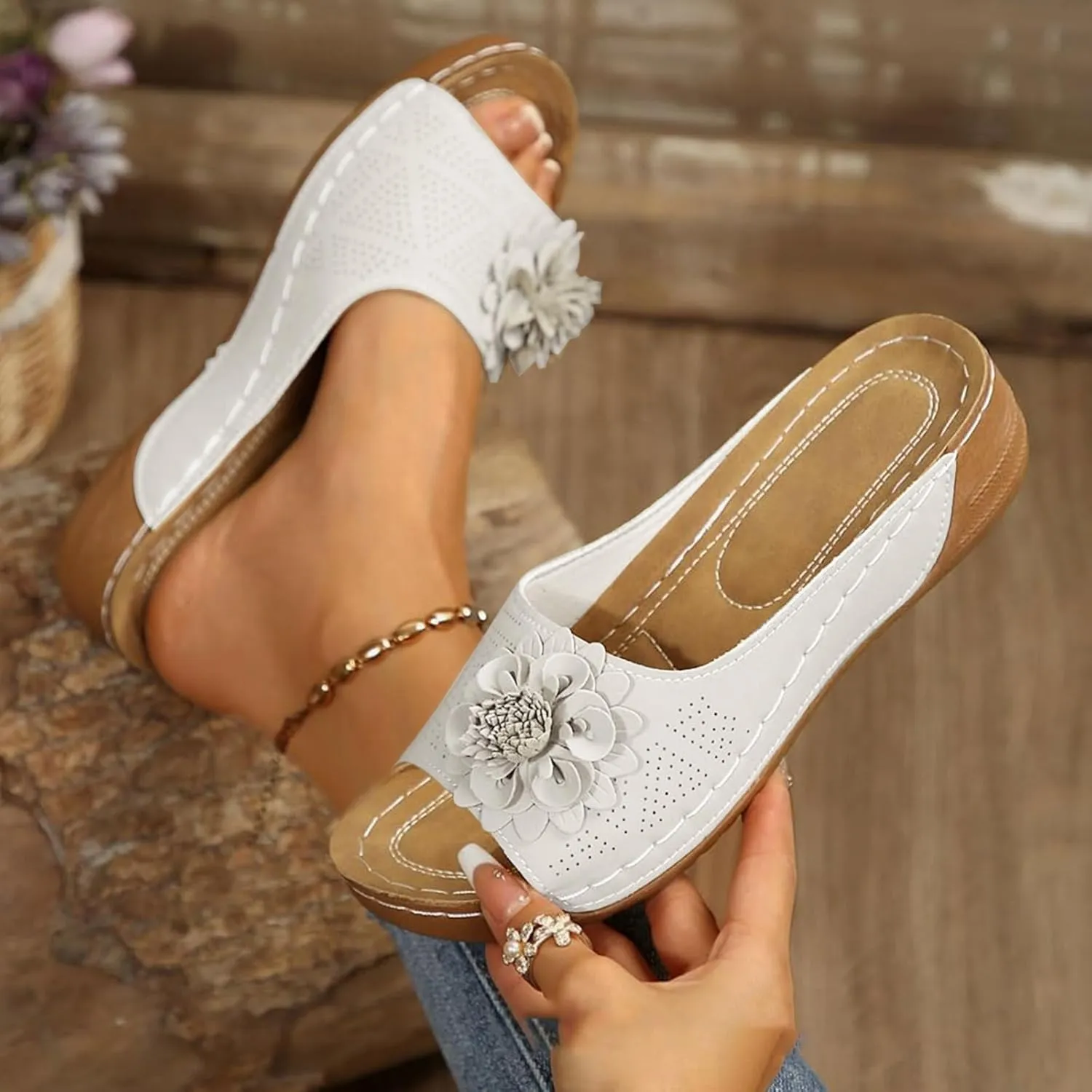 Womens Sandals Summer Orthopedic Wedge Sandals for Women Flowers Slip on Slides Sandal Dressy Low Open Toe Slides Ladies Shoes Thick Cushion Slippers Flower Sandal Footbed Platform Shoes 2025
