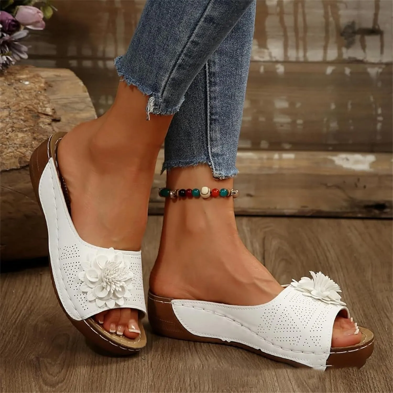 Womens Sandals Summer Orthopedic Wedge Sandals for Women Flowers Slip on Slides Sandal Dressy Low Open Toe Slides Ladies Shoes Thick Cushion Slippers Flower Sandal Footbed Platform Shoes 2025